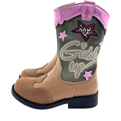 Shoesme Cognac Cowboylaars - Laarzen Kinderen - Meisjes - Cognac Green Pink - Microfiber leer - Maat 35