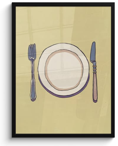 Poster in lijst - Fotolijst 50x70 cm - Posters - Illustratie - Bord - Bestek - Beige - Posterlijst zwart - Decoratie - Wanddecoratie woonkamer - Muurdecoratie slaapkamer