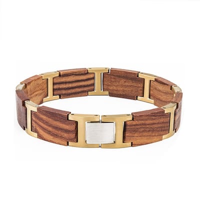 Armband – Warm - Roodbruine Mahonie houten – L 21.5 cm - combineert een warme, goud tint hoogwaardig roestvrij staal (316L) voor een tijdloze en verfijnde uitstraling.