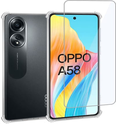 Geschikt voor Oppo A58 4G Hoesje + Screenprotector – Gehard Glas Cover + Shock Proof Case – Transparant