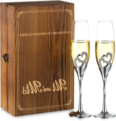 Persoonlijke Champagneglazen met Houten Cadeaubox en Kristallen - Set van 2 voor Verloving, Bruiloft en Jubileum Feesten