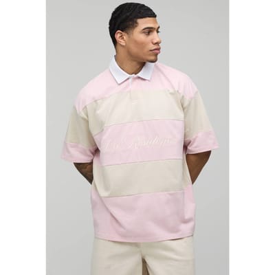 Oversized La Residence Geborduurd Gestreept Rugby Polo | Pink | Size XS