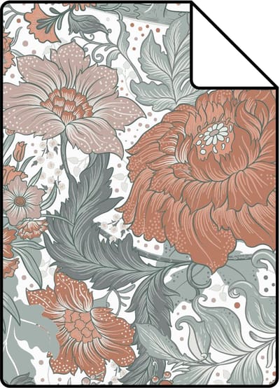 Proefstaal ESTAhome behang vintage bloemen blauwgroen en terracotta - 26.5 x 21 cm - 131193-S