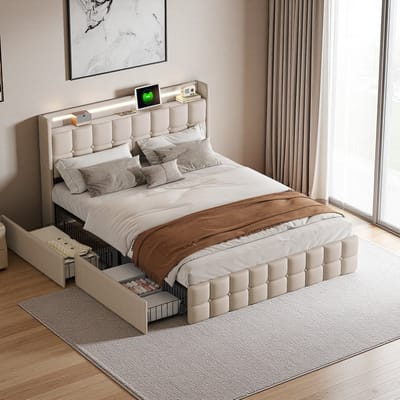 Gestoffeerd bed 160x200cm, hoofdbord met ledverlichting en oplaadpoort, opbergbed met 4 lades, opbergbedframe, lattenbodem, beige beddengoed