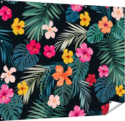Gards Tuinposter Getekende Tropische Bloemen - Abstract - 150x120 cm - Tuindoek - Tuindecoratie - Wanddecoratie buiten - Tuinschilderij
