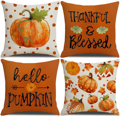 Halloween - Halloween Decoratie - Kussenslopen - Herfstkussenhoezen - Esdoornblad - Decoratieve kussensloop met pompoenprint - Polyester linnen - Herfstdecoratie - Vierkante kussensloop - Bank - Bed - Woonkamer - 45x45 cm - Set van 4
