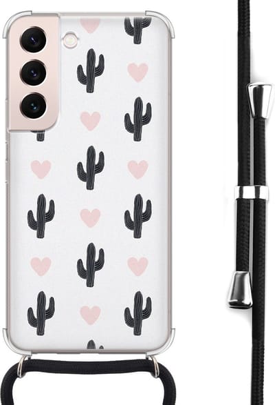 Hoesje met koord - Geschikt voor Samsung Galaxy S22 - Cactus - Verstelbaar zwart koord - Crossbody - Planten - Transparant, Groen - Leuke Telefoonhoesjes