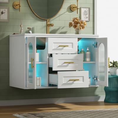 HAUSS SPOLE Badkamermeubel - Wandgemonteerd Met Wastafel En Ledverlichting - 2 Deuren 3 Lades - MDF En Glas - 76x46x55 Cm - Wit
