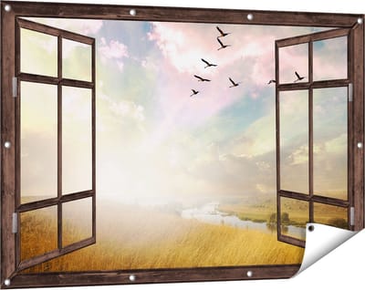 Gards Tuinposter Doorkijk Groep Vogels Vliegen Boven het Gras - 120x80 cm - Tuindoek - Tuindecoratie - Wanddecoratie buiten - Tuinschilderij