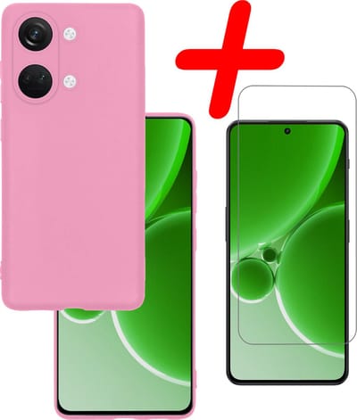 Hoesje Met Screenprotector - Geschikt voor OnePlus Nord 3 - Sterk & Shockproof - Back Cover - Siliconen Case - Telefoon Hoes - Lichtroze
