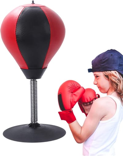 Desktop Bokszak - Mini Speedbal - Stress Vermindering - Sterke Zuignap - 37 cm Hoog - Zwart Rood