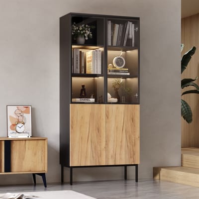 Vitrinekast - 180 cm - Glazen Vitrinekast met LED en 5 Planken - MDF/Glas - Zwart/Eiken
