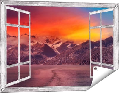 Gards Tuinposter Doorkijk Meer bij de Bergen bij Zonsondergang - 90x60 cm - Tuindoek - Tuindecoratie - Wanddecoratie buiten - Tuinschilderij