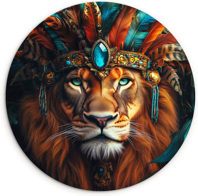 WallCircle® Wandcirkel 120x120 cm - Muurcirkel Leeuw - Bladeren - Jungle - Veren - Muurdecoratie woonkamer - Wanddecoratie slaapkamer - Kamer decoratie accessoires - Ronde schilderijen XXL