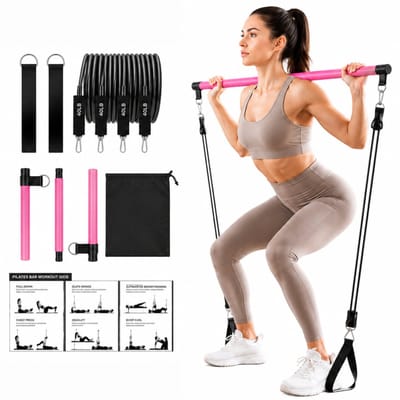 BOTC Pilates Bar – Pilates Stick – Resistance Band Set - Weerstandsbanden - Fitnessbands - incl GRATIS Draagtas - Rose