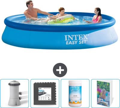 Intex Rond Opblaasbaar Easy Set Zwembad - 366 x 76 cm - Blauw - Inclusief Pomp Vloertegels - Chloor - Zwembadgids