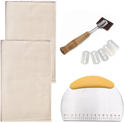 Dailygoods- Broodbakset - Deegstof - Deegschraper - Broodmes - Natuurlijke bakkersdoek - Geschikt voor thuisgebruik - Afmetingen 48 x 36 cm - Bakset
