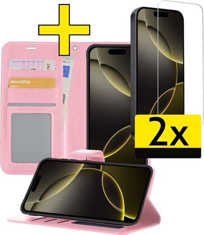 Hoesje - Met 2x Screenprotector - Geschikt voor Apple iPhone 16 Pro - Luxe Pasjeshouder - Bookcase Portemonee - Flip Case - Kunstleer Book Case - Flipcase Hoes - Book Cover - Walletcase - Portemonneehoes - Telefoonhoesjes - Lichtroze