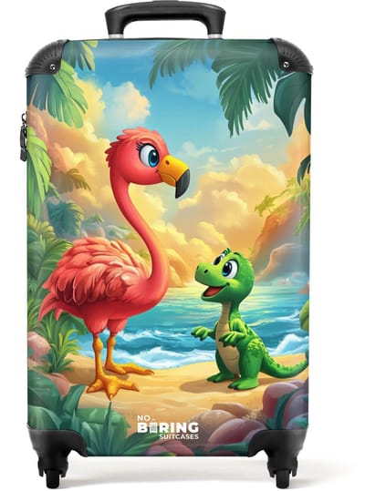 NoBoringSuitcases.com® - Kinderkoffer - Kindertrolley jongen en meisje - Flamingo en dinosaurus op strand bij ondergaande zon - Handbagage koffer lichtgewicht - Reiskoffer trolley kinderen - Rolkoffer met wieltjes - Past binnen 55x40x20 en 55x35x25