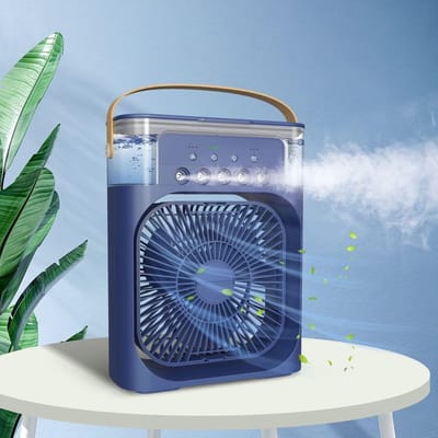Draagbare USB-miniairco-ventilator voor op het bureau met vernevelaar, aromadiffuser, luchtbevochtiger, timer, automatische uitschakeling, draaifunctie, 7-kleuren-led en stille werking – Voor thuisgebruik - blauw