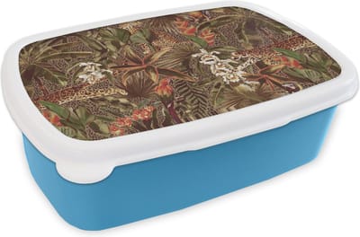 Broodtrommel Blauw - Lunchbox - Brooddoos - Vintage - Natuur - Jungle - Patronen - 18x12x6 cm - Kinderen - Jongen