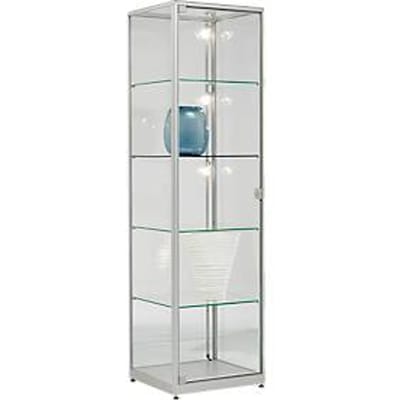 Staande presentatiekast, draaideur, 4 legborden, aluminium frame, gehard veiligheidsglas, B 500 x D 500 x H 1800 mm, zilver