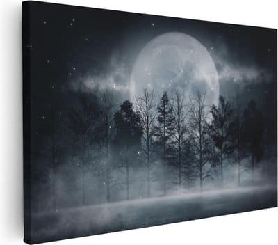 Artaza Canvas Schilderij Bos Bij Nacht - 30x20 cm - Klein - Wanddecoratie Maan - Muurdecoratie Landschap - Kamer Accessoires Mist