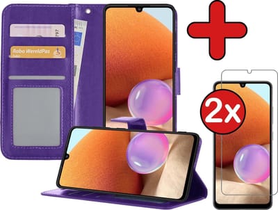 Hoesje - Met 2x Screenprotector - Geschikt voor Samsung Galaxy A32 4G - Luxe Pasjeshouder - Flip Case - Bookcase Portemonee - Kunstleer Book Case - Flipcase Hoes - Book Cover - Walletcase - Portemonneehoes - Telefoonhoes - Paars
