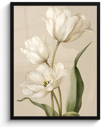 Poster in lijst - Fotolijst 60x80 cm - Posters - Tulpen - Wit - Bladeren - Posterlijst zwart - Decoratie - Wanddecoratie woonkamer - Muurdecoratie slaapkamer