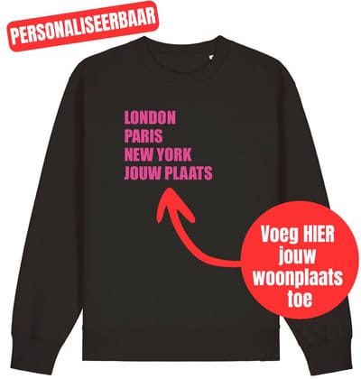 Sweater zwart S - London, Paris, New York, jouw woonplaats - Fluor roze