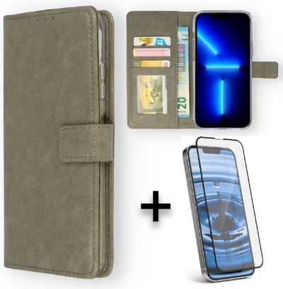 HB Hoesje Geschikt voor Apple iPhone 13 Grijs & 1 Stuk Volledige Glazenscreen protector - Portemonnee Book Case - Kaarthouder & Magneetlipje