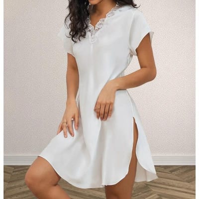 Dames Zijde Kant Pyjama's Sexy Zijde Zijsplit Zijden Nachthemd Korte Mouw Zijde Pyjama Jurk Pyjama's M brown