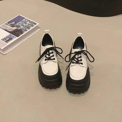 Dames Platform Platform Verhoogde Ronde Neus Leren Schoenen Nieuwe Britse Stijl Retro Veterschoenen met Rok 39 gray