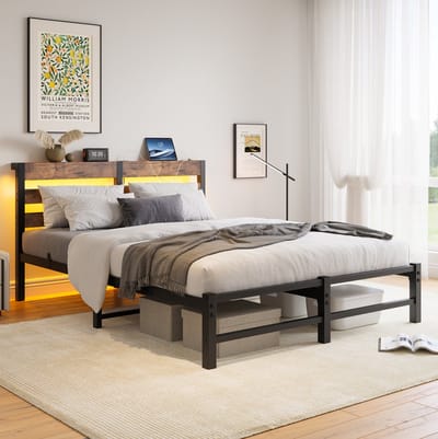 MEUNIQ bedframe 140x190 cm met LED-verlichting, 2 USB-aansluitingen, hoofdbord met legplank, opbergruimte onder bed, metalen bed voor slaapkamer, zwart en bruin