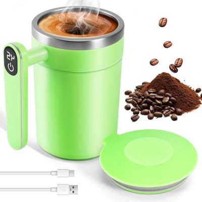 Zelfroerende Koffiemok 400 ml van RVS met USB Opladen, Handvat en Temperatuurweergave voor Koffie, Melk en Warme Chocolade