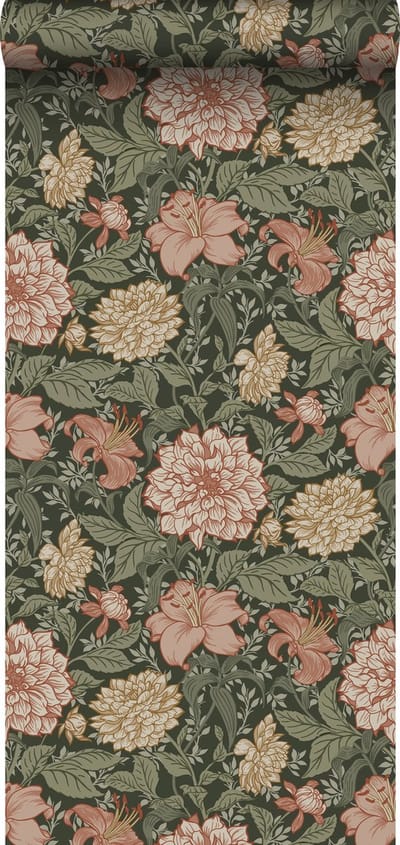 ESTAhome behang vintage bloemen vergrijsd groen en terracotta roze - 53 cm x 10.05 m - 139381