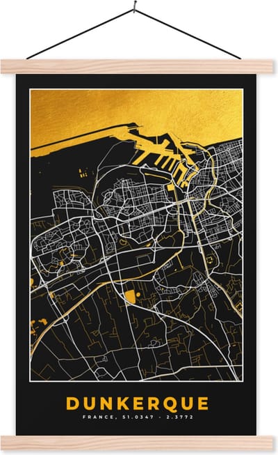 Posterhanger incl. Poster 40x60 cm - Schoolplaat - Stadskaart – Plattegrond – Kaart – Dunkerque - Frankrijk - Textielposter - Blanke latten - Stadskaart
