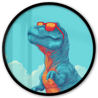 Poster in lijst Rond - Fotolijst 40x40 cm - Posters - T-Rex - Blauw - Wolken - Zonnebril - Ronde posterlijst zwart - Decoratie - Wanddecoratie woonkamer - Muurdecoratie slaapkamer
