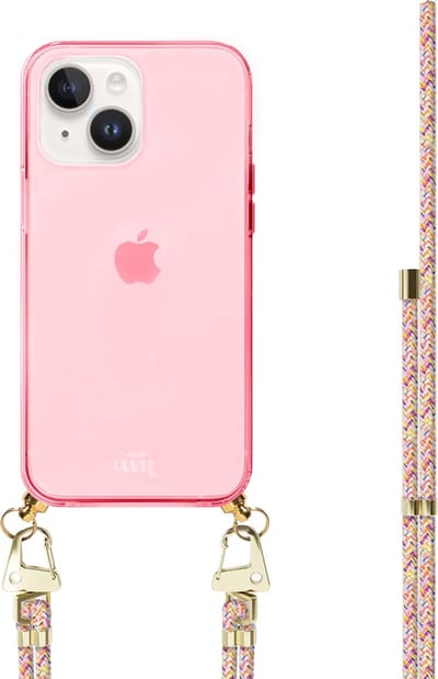 xoxo Wildhearts silicone case met koord - Roze telefoonhoesje met koord - telefoonketting - Rainbow Vibes - Cord Case - geschikt voor Apple iPhone 13 - Regenboog koord - meerkleurig