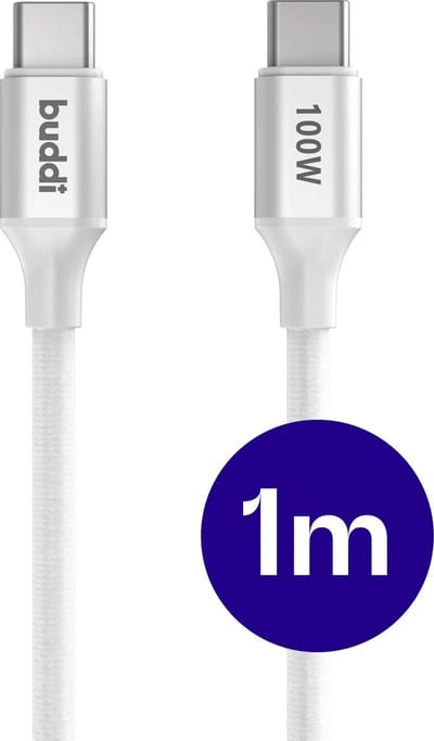 Buddi Flex | USB-C naar USB-C Kabel | 100W Super Fast Charge | Power Delivery Snelladen | 480Mbps Dataoverdracht | Gevlochten Nylon | Geschikt voor o.a. iPhone 16 / 17 & Samsung S26-serie | 1M | Wit