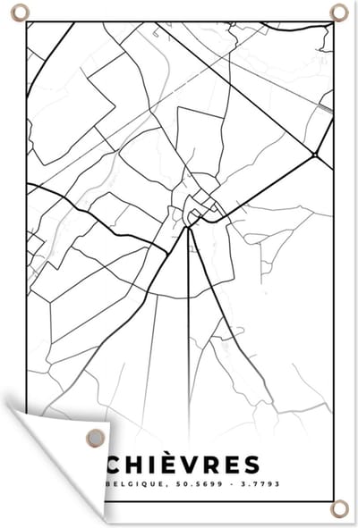 Muurdecoratie Kaart – Plattegrond – Stadskaart – Chièvres – België – Zwart Wit - 120x180 cm - Tuinposter - Tuindoek