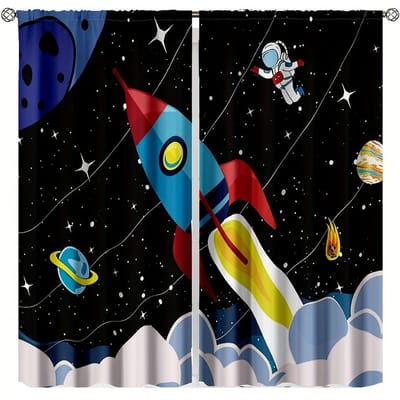 2 STUKS Galaxy Rocket Gordijnen Cartoon Astronaut Planeet SterrenhemelJongens Meisjes Tunnelzak Slaapkamer Raamgordijnen. 150x166cm blue