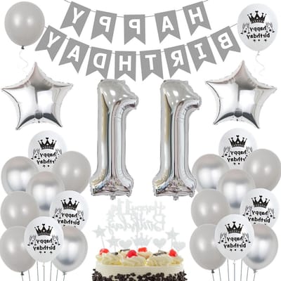 Zilveren en grijze ballonnen voor 11e verjaardag, feestdecoratie voor jongens en meisjes, verjaardagsballonnen en feestversiering