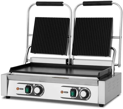 HCB® - Professionele Horeca Paninigrill - dubbel - geribbeld/glad - 230V - RVS / INOX panini grill - 30.5x56.5x20 cm (DxBxH) - 20 kg - 1701