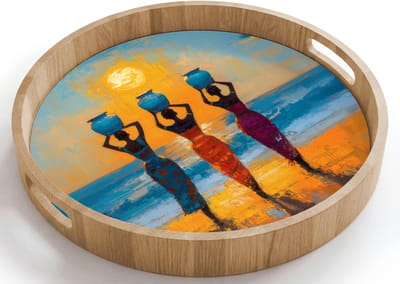 Dienblad rond 40x40 cm - Schootdienblad hout - Vrouwen - Strand - Zondsondergang - Borrelplank rechthoek - Plateau houten dienbladen