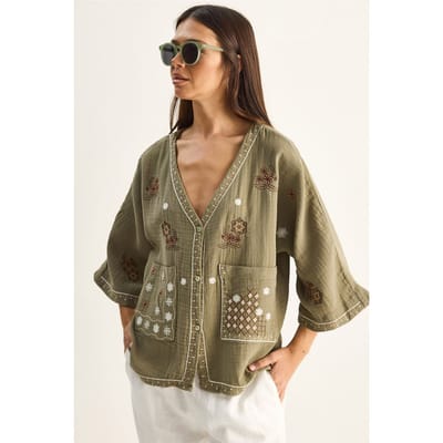 Geborduurd Katoenen Crêpe V-Hals Shirt