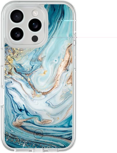 Hybride hoesje geschikt voor iPhone 16 Pro - Marmer blauw goud - Extra bescherming - Luxe beschermhoes - TPU case - Transparant, Blauw, Goud - Mooie Telefoonhoesjes