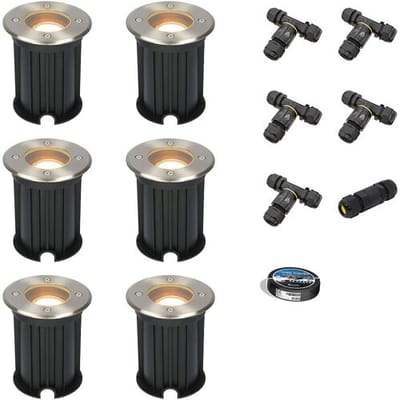 Set van 6 Maisy LED Grondspots Rond - Dimbaar - GU10 - 2700K warm wit - 4 Watt 345 lumen - Rond - Ø12cm - Tuinspot - Oprit - RVS - IP67 - Inclusief installatiemateriaal (Kabel & connector)