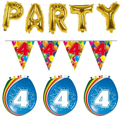 Folat - Verjaardag feestversiering 4 jaar PARTY letters en 16x ballonnen met 2x plastic vlaggetjes