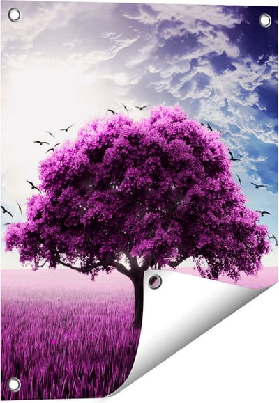 Gards Tuinposter Paarse Boom in het Paars Veld met Vogels - 40x50 cm - Tuindoek - Tuindecoratie - Wanddecoratie buiten - Tuinschilderij